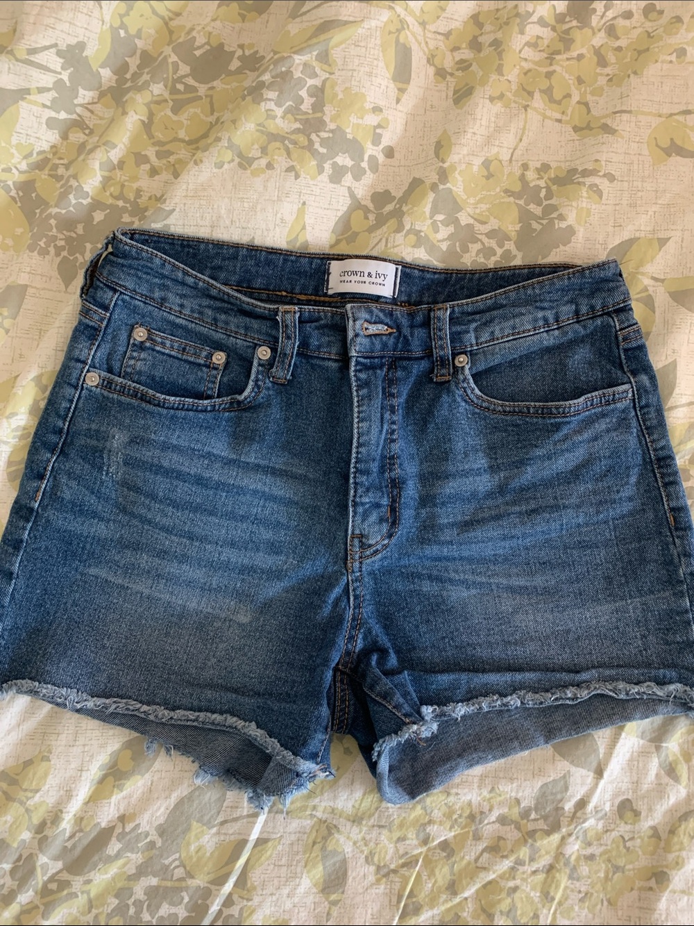 crown & ivy dark blue denim frayed hem shorts